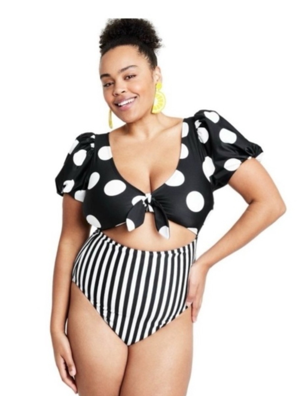 NWT Black & White Polka Dot and Striped One-Piece Swimsuit Size Large